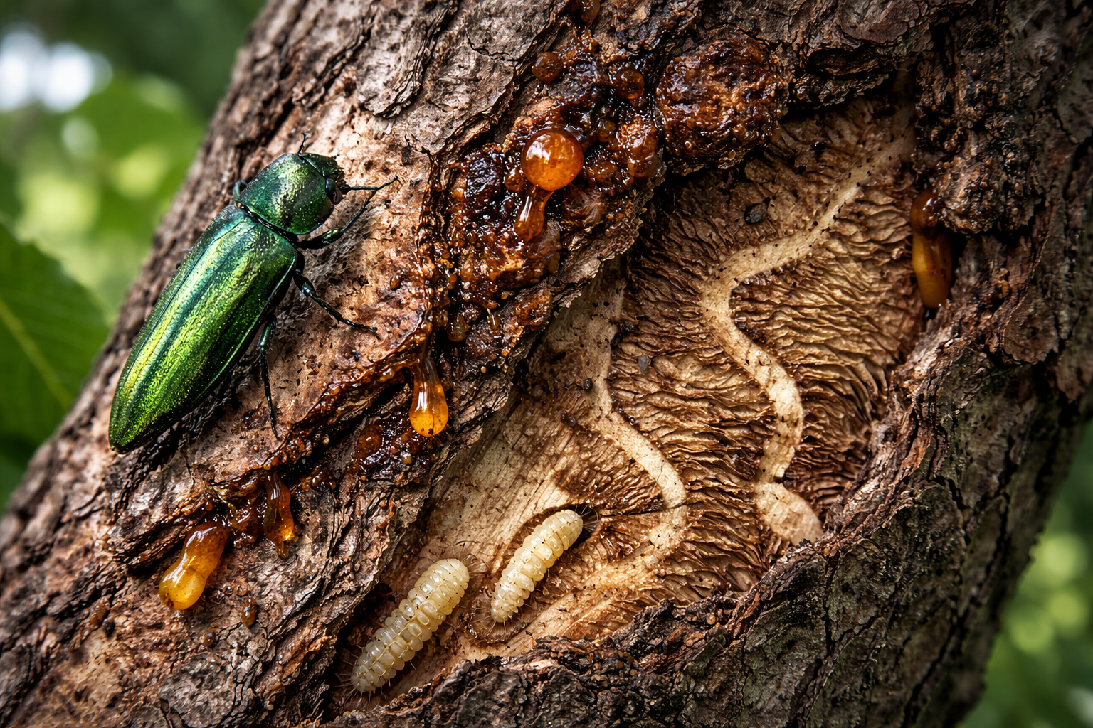 Buchenprachtkäfer Agrilus viridis auf der Rinde einer Rotbuche mit typischen Fraßgängen und Larven unter der Rinde