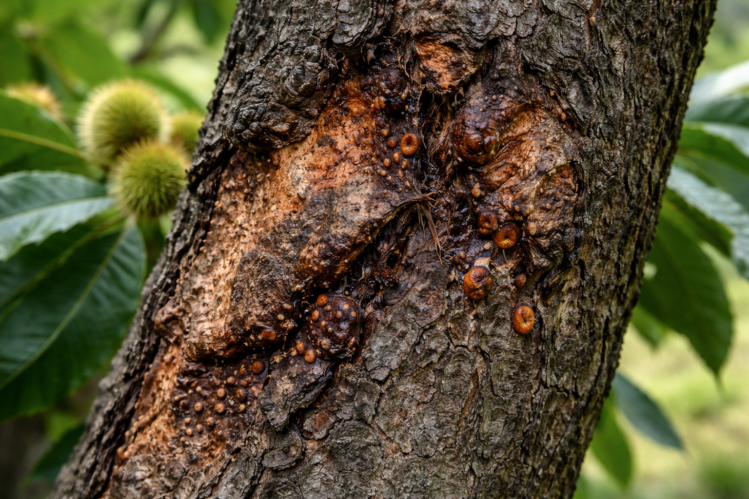 Esskastanienrindenkrebs an der Rinde einer Edelkastanie mit orangefarbenen Pilzfruchtkörpern und eingesunkener Rindenstelle
