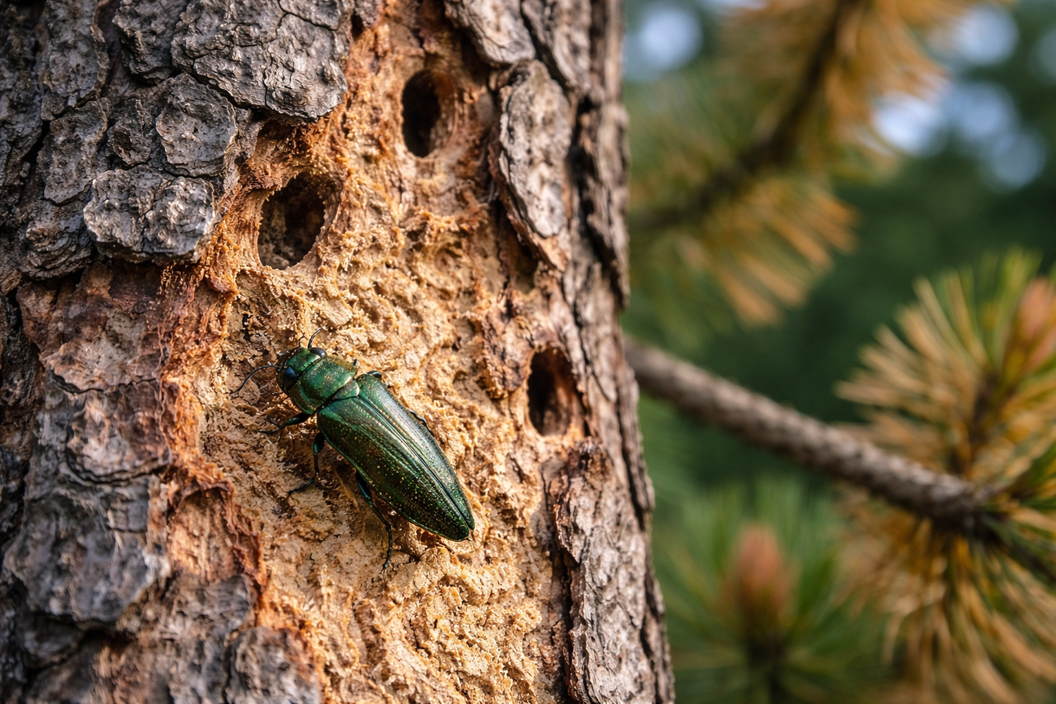 Kiefernprachtkäfer mit Schadbild an einer geschwächten Kiefer