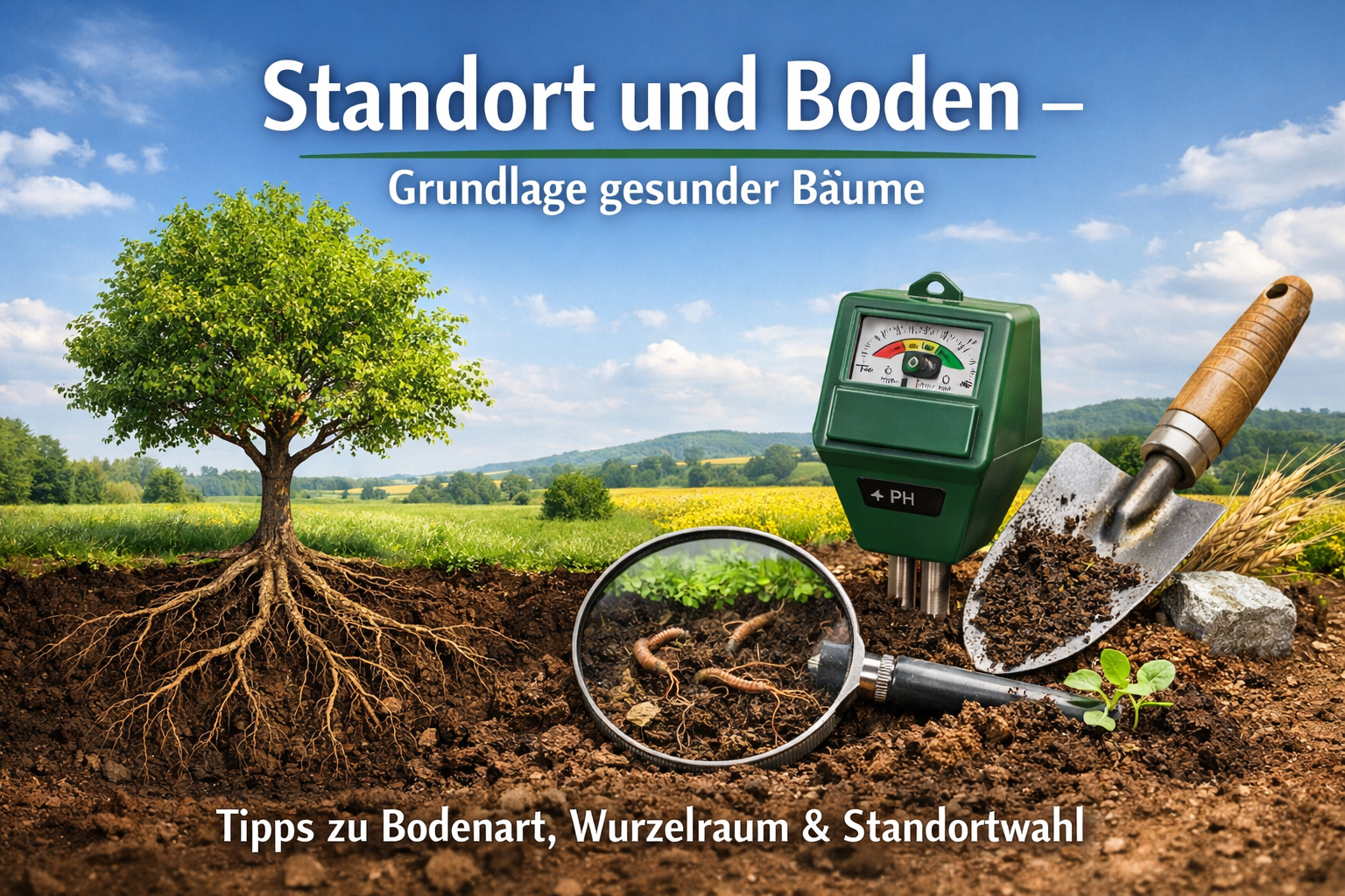 Baum mit freigelegtem Wurzelsystem im Boden zur Veranschaulichung von Standort und Boden bei Bäumen