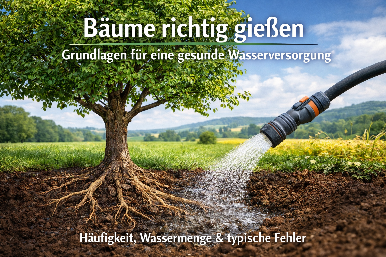 Baum wird gezielt im Wurzelbereich gegossen zur richtigen Bewässerung von Bäumen