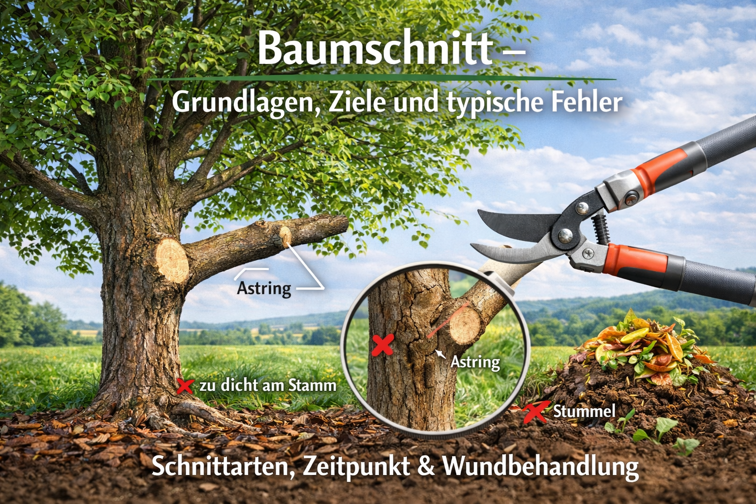 Fachgerechter Baumschnitt an einem Baum zur Erhaltung der Kronenstruktur
