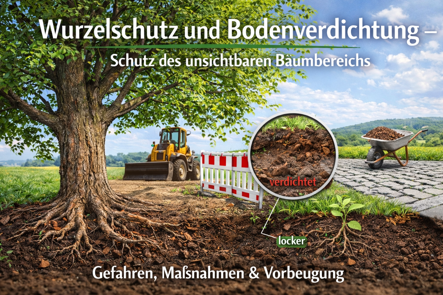 Geschützter Wurzelbereich eines Baumes zur Vermeidung von Bodenverdichtung