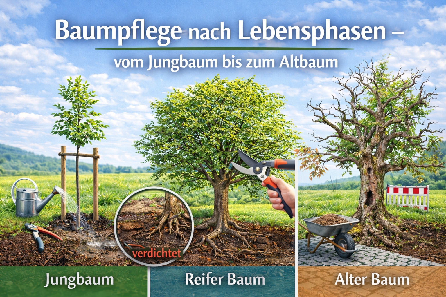 Baumpflege in verschiedenen Lebensphasen vom Jungbaum bis zum Altbaum