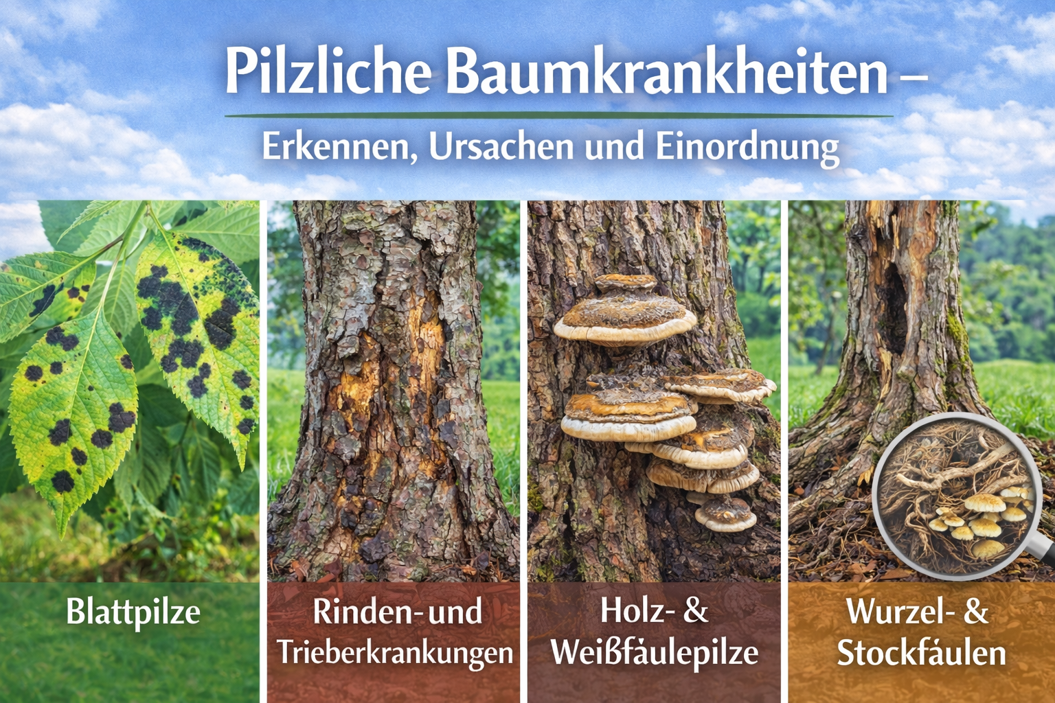 Pilzliche Baumkrankheiten mit typischen Symptomen wie Fruchtkörpern und Rindenveränderungen