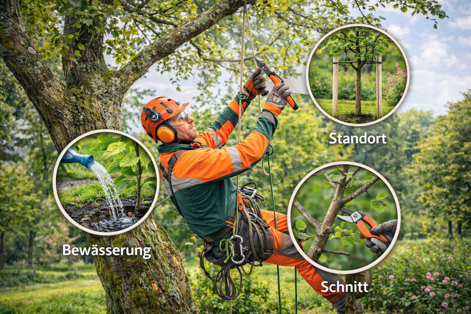 Fachgerechte Baumpflege durch Baumschnitt und Pflegearbeiten an einem gesunden Baum