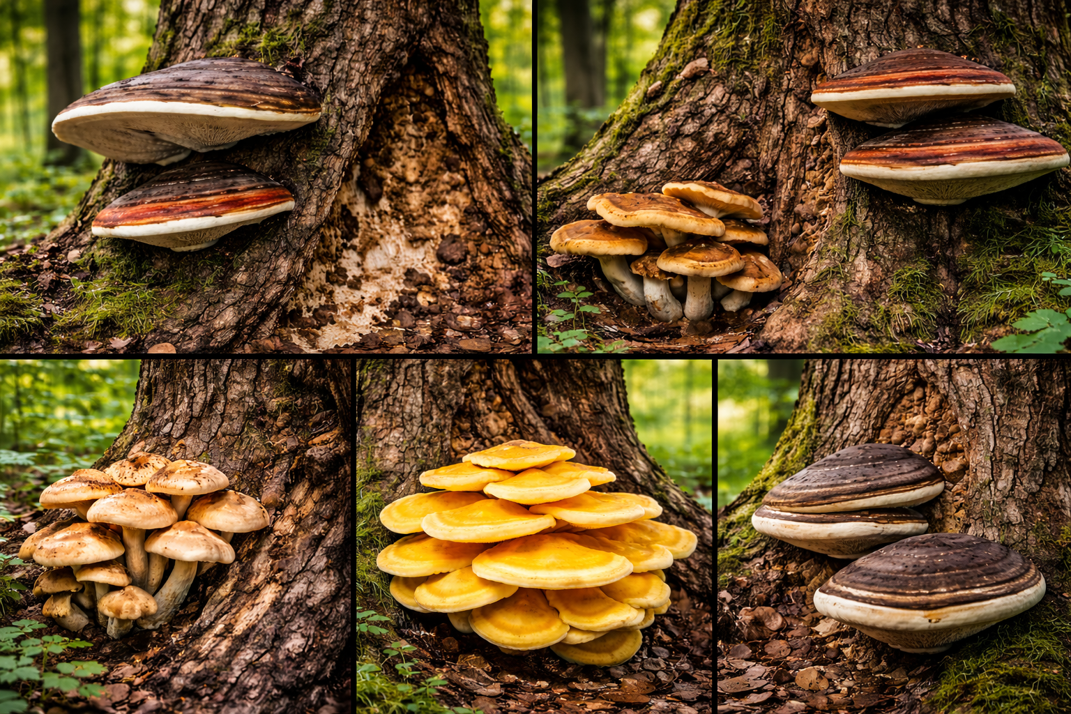 Häufige Baumpilze in Deutschland an Stamm und Rinde, darunter Zunderschwamm, Lackporling und Schwefelporling