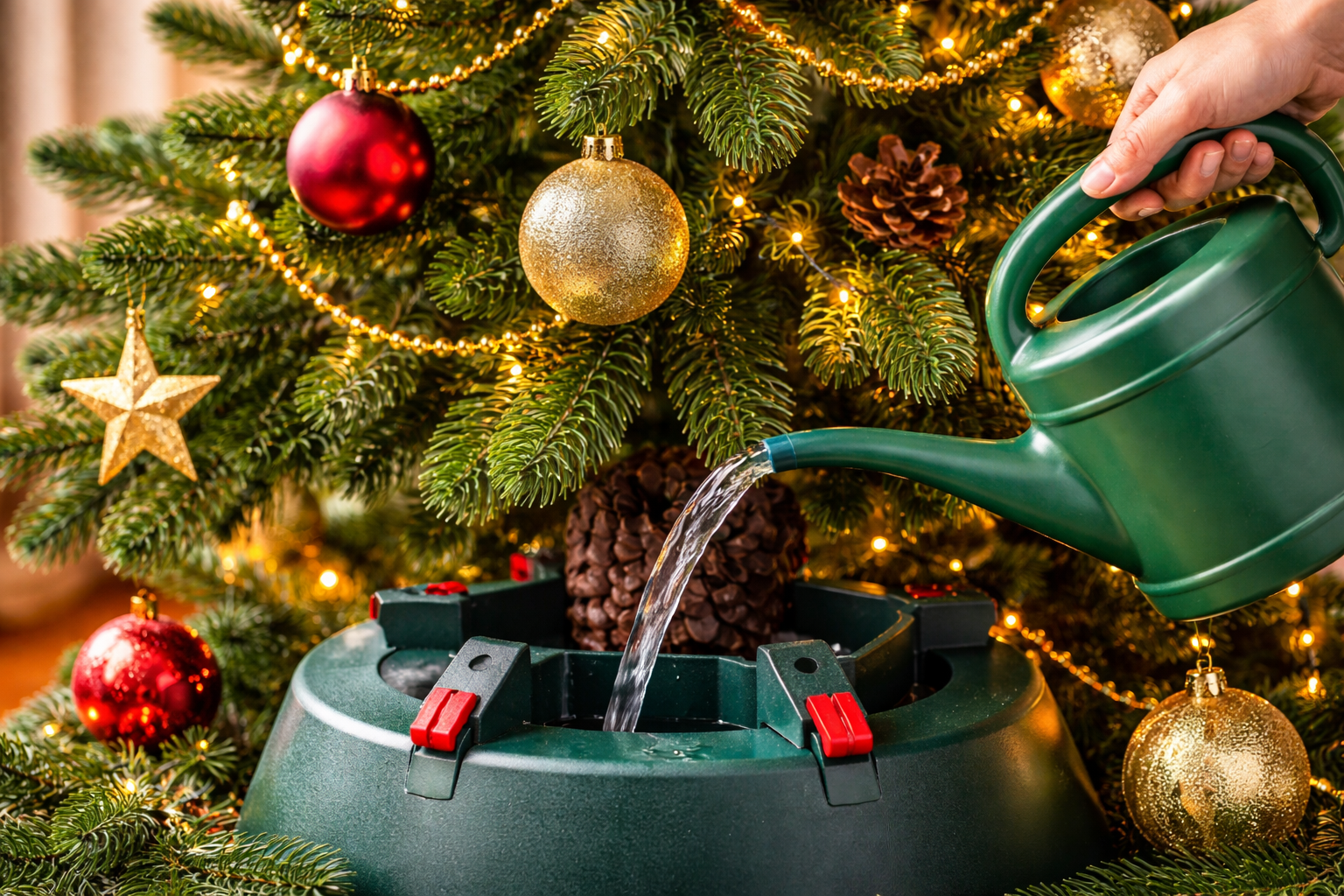 Frisch geschlagener Weihnachtsbaum in festlich geschmücktem Wohnzimmer mit Lichtern und Kugeln