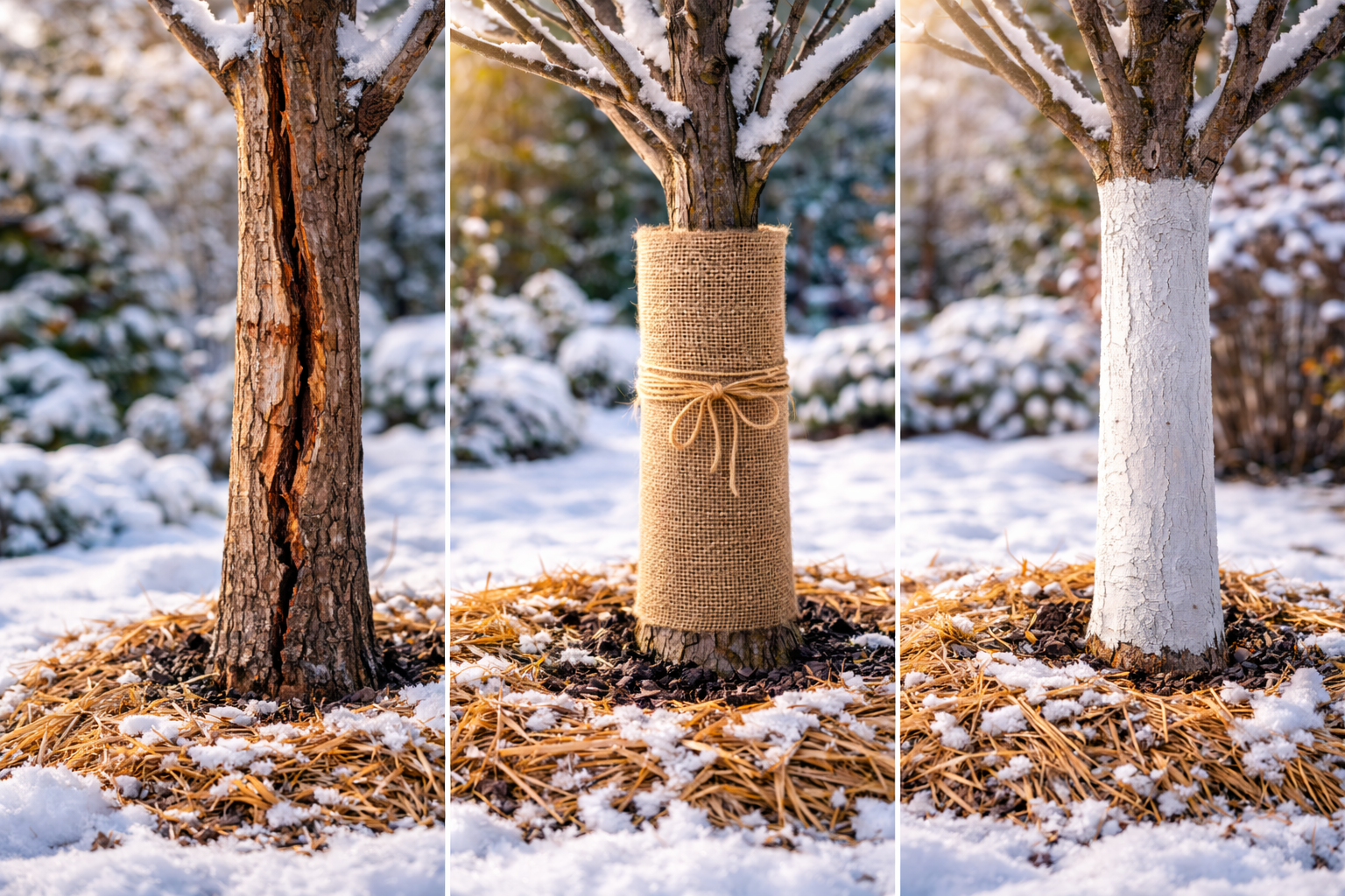 Drei Bäume im Winter im Vergleich: links Frostschaden am Stamm, mittig Baum mit Stammschutzmatte, rechts Baum mit Weißanstrich