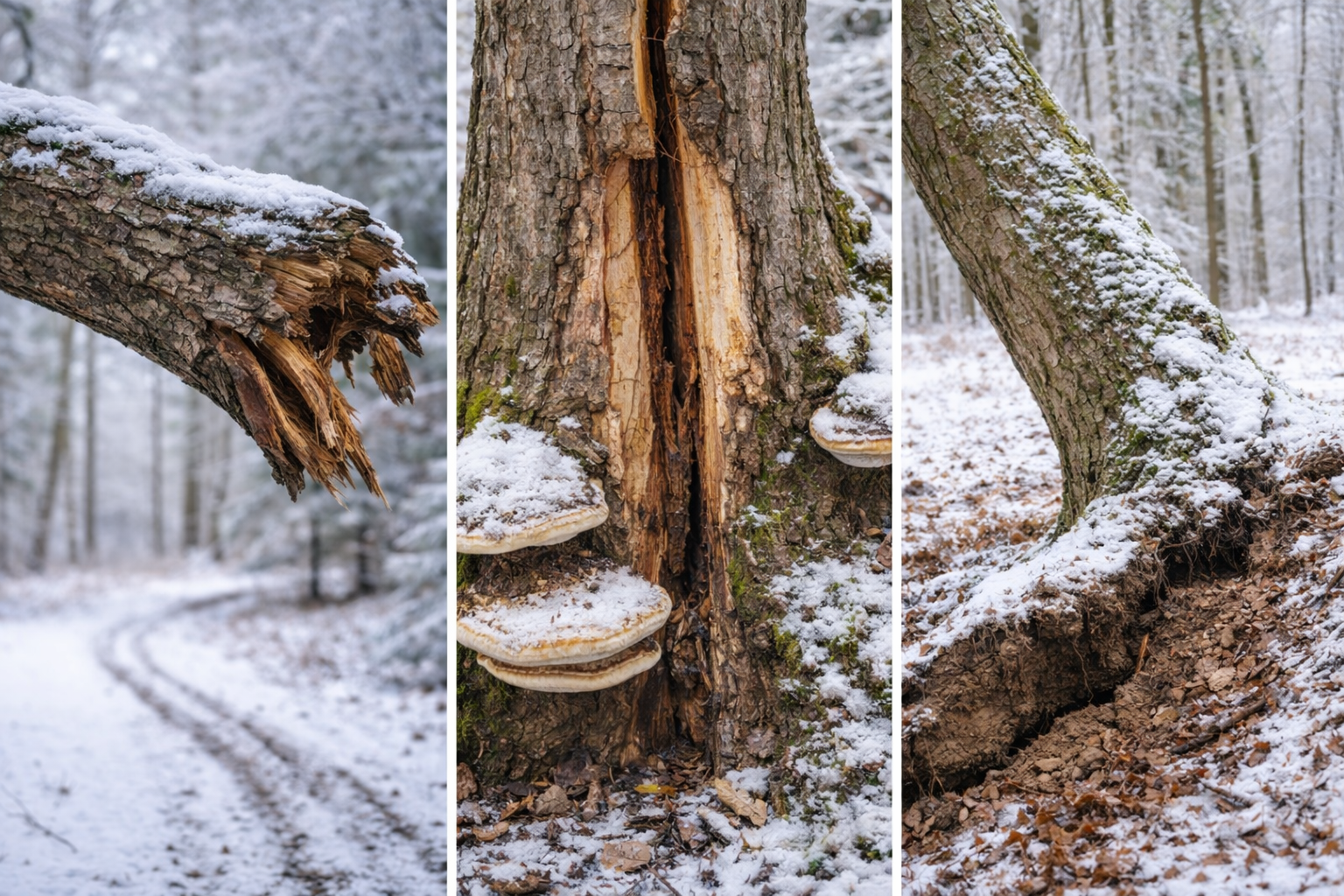 Anzeichen mangelnder Verkehrssicherheit bei Bäumen: Totholz in der Krone, Pilzfruchtkörper am Stammfuß und Risse im Stamm