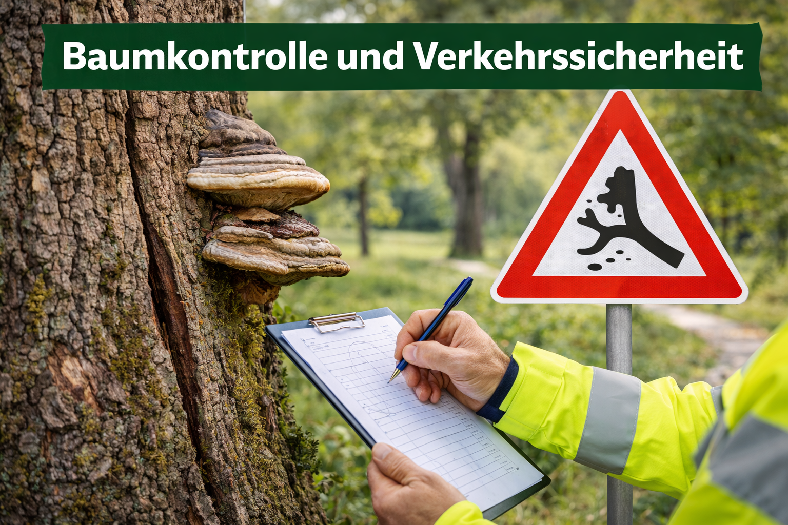 Baumkontrolle zur Verkehrssicherheit: Sichtprüfung eines Baumes mit Baumpilz an einem Weg