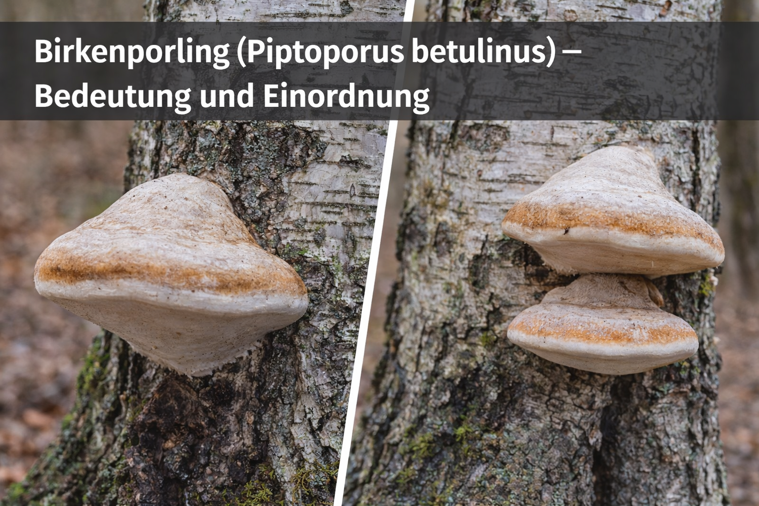 Birkenporling (Piptoporus betulinus) mit hellen, konsolenförmigen Fruchtkörpern an der Rinde einer Birke