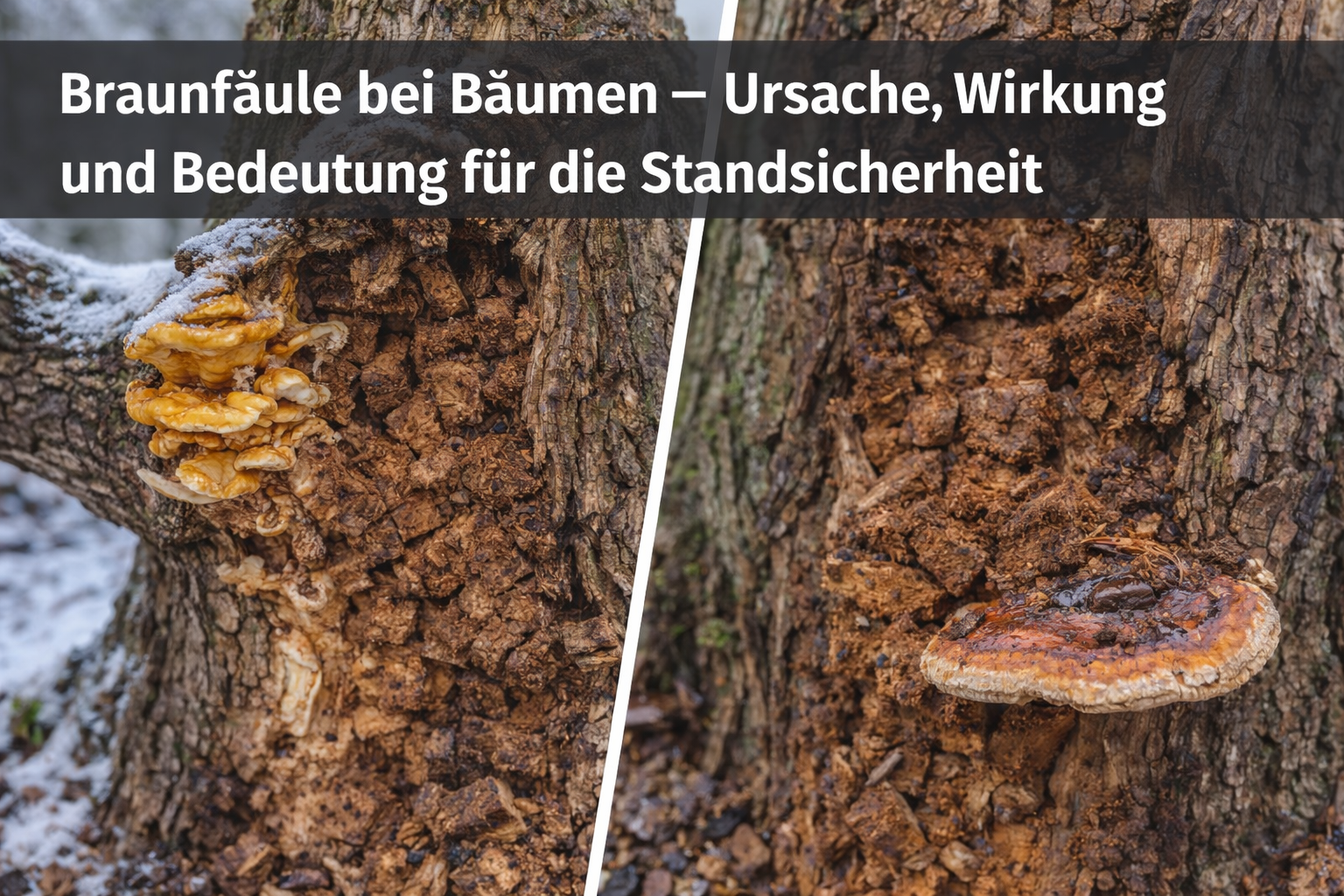 raunfäule an einem Baumstamm mit braunem, würfelig zerfallenem Holz infolge von Pilzbefall