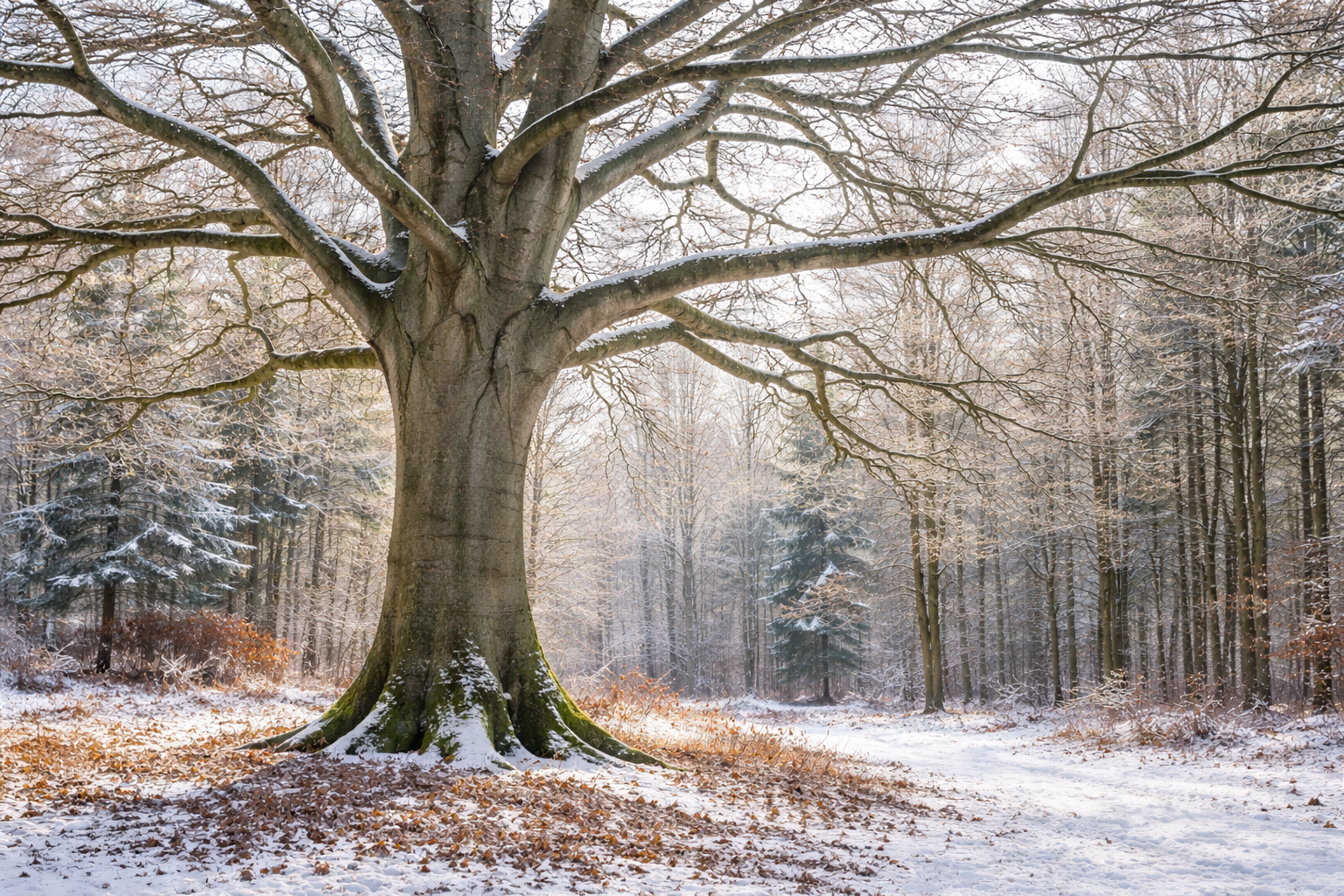 Alte Buche (Fagus sylvatica) mit kräftigem Stamm und ausladender Krone in einem Park
