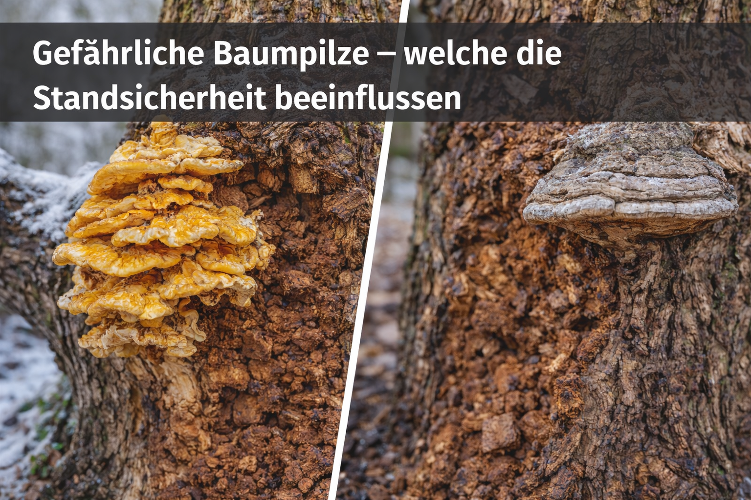 Baumpilze am Stammfuß und Stamm eines Baumes als mögliche Anzeichen für eingeschränkte Standsicherheit