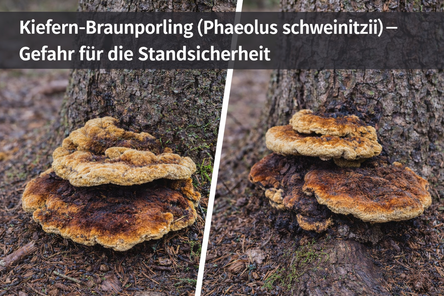 Kiefern-Braunporling (Phaeolus schweinitzii) mit gelb-braunen, rosettenartigen Fruchtkörpern am Stammfuß eines Nadelbaums