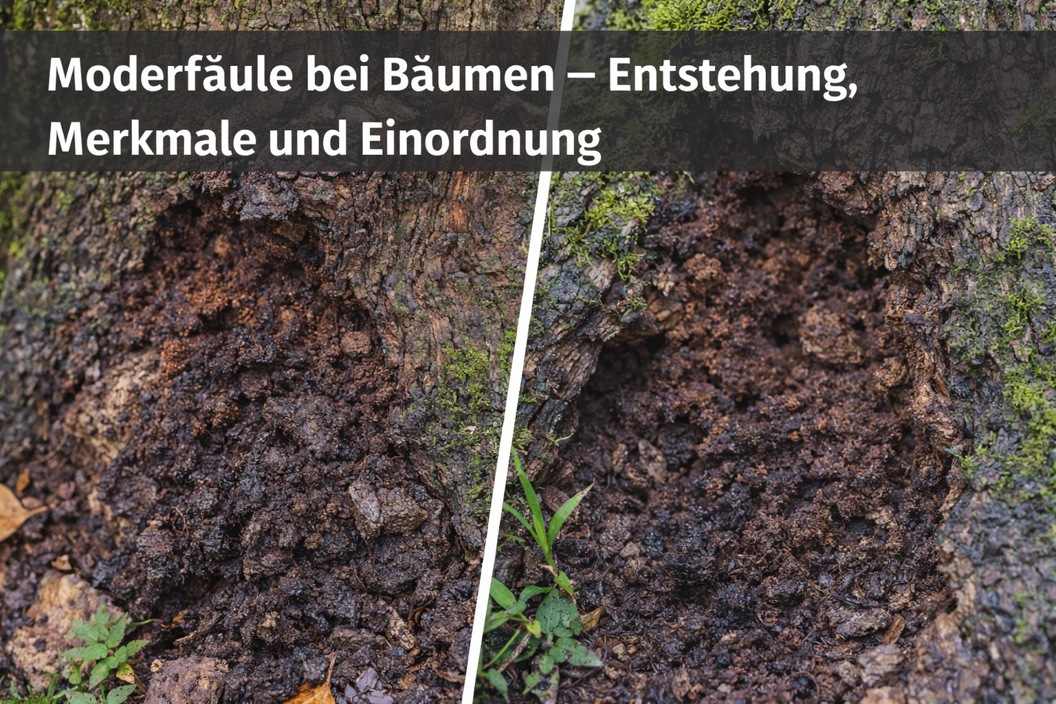 Moderfäule am Stammfuß eines Baumes mit dunklem, feuchtem und krümeligem Holz