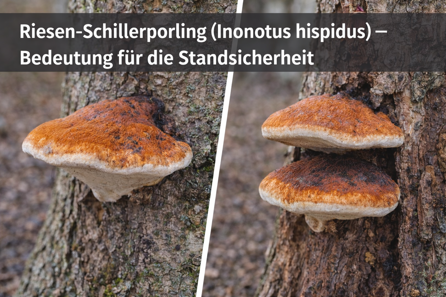 Riesen-Schillerporling (Inonotus hispidus) mit orangebraunen, zottigen Fruchtkörpern an einem Laubbaumstamm