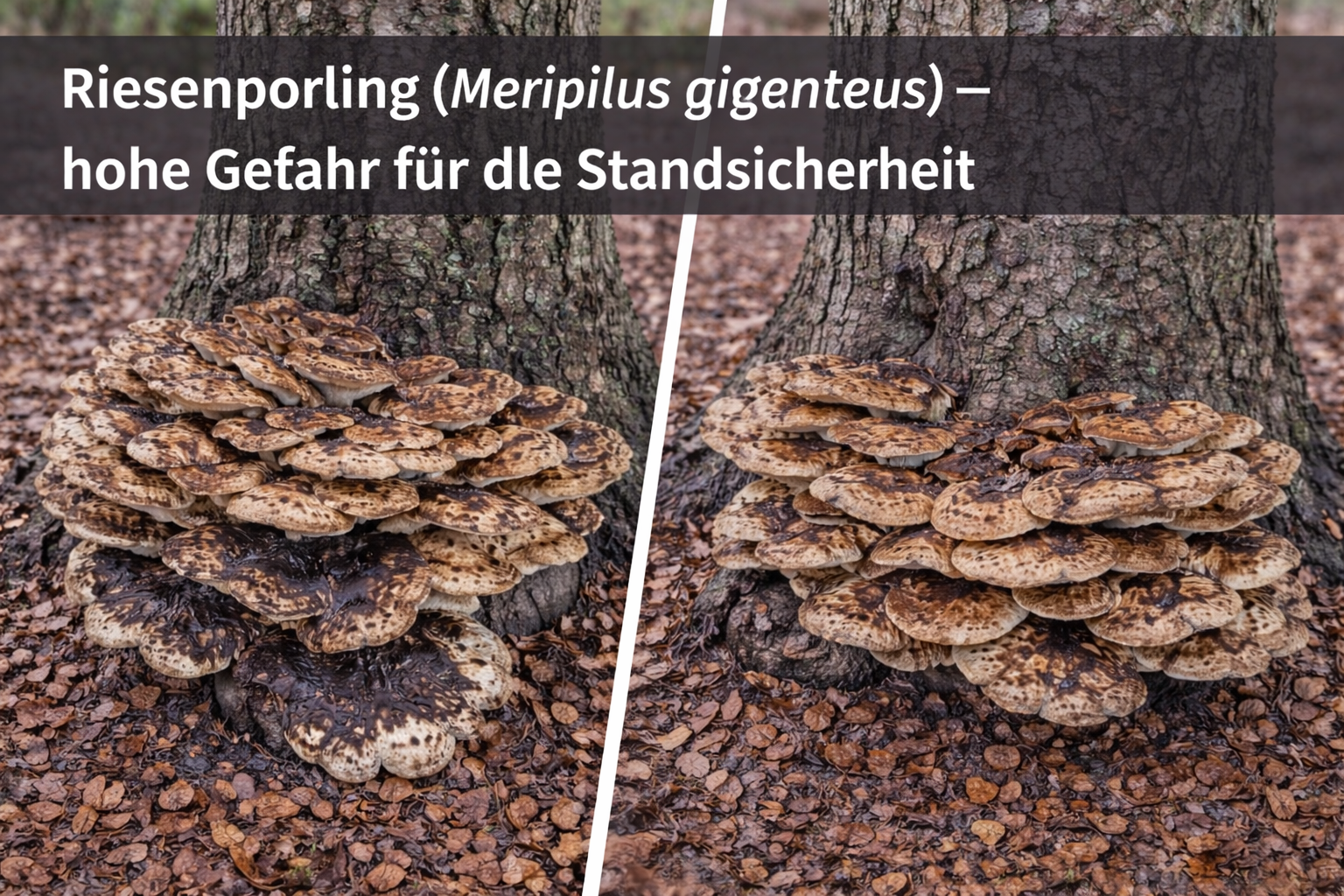 Riesenporling (Meripilus giganteus) mit großen, rosettenartigen Fruchtkörpern am Stammfuß einer Buche