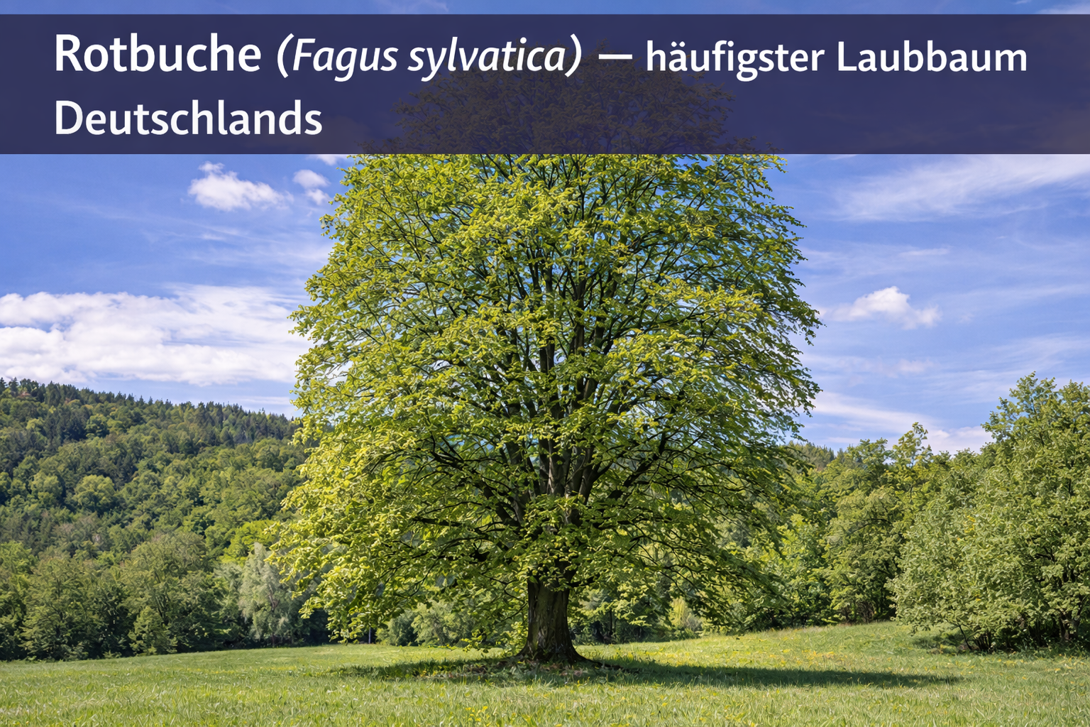 Ausgewachsene Rotbuche (Fagus sylvatica) mit glatter grauer Rinde und breiter Baumkrone