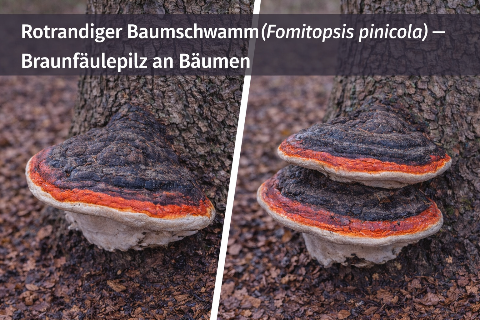 Rotrandiger Baumschwamm (Fomitopsis pinicola) mit typischem rotbraunem Rand an einem Baumstamm