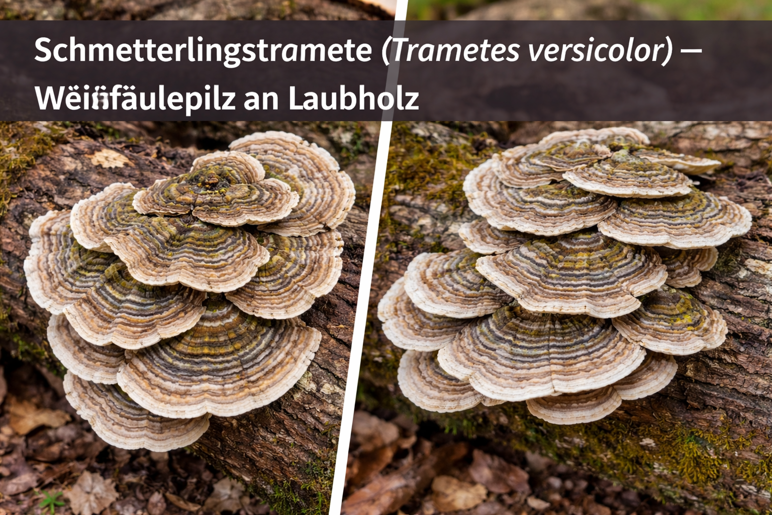 Schmetterlingstramete (Trametes versicolor) mit konzentrisch zonierten Fruchtkörpern an abgestorbenem Laubholz