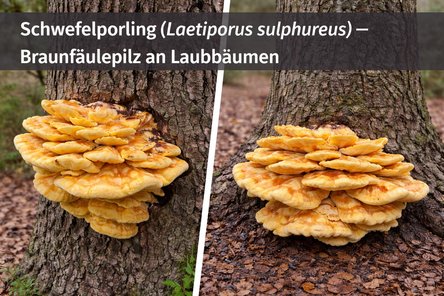 Schwefelporling (Laetiporus sulphureus) mit leuchtend gelben, fächerförmigen Fruchtkörpern an einem Laubbaumstamm