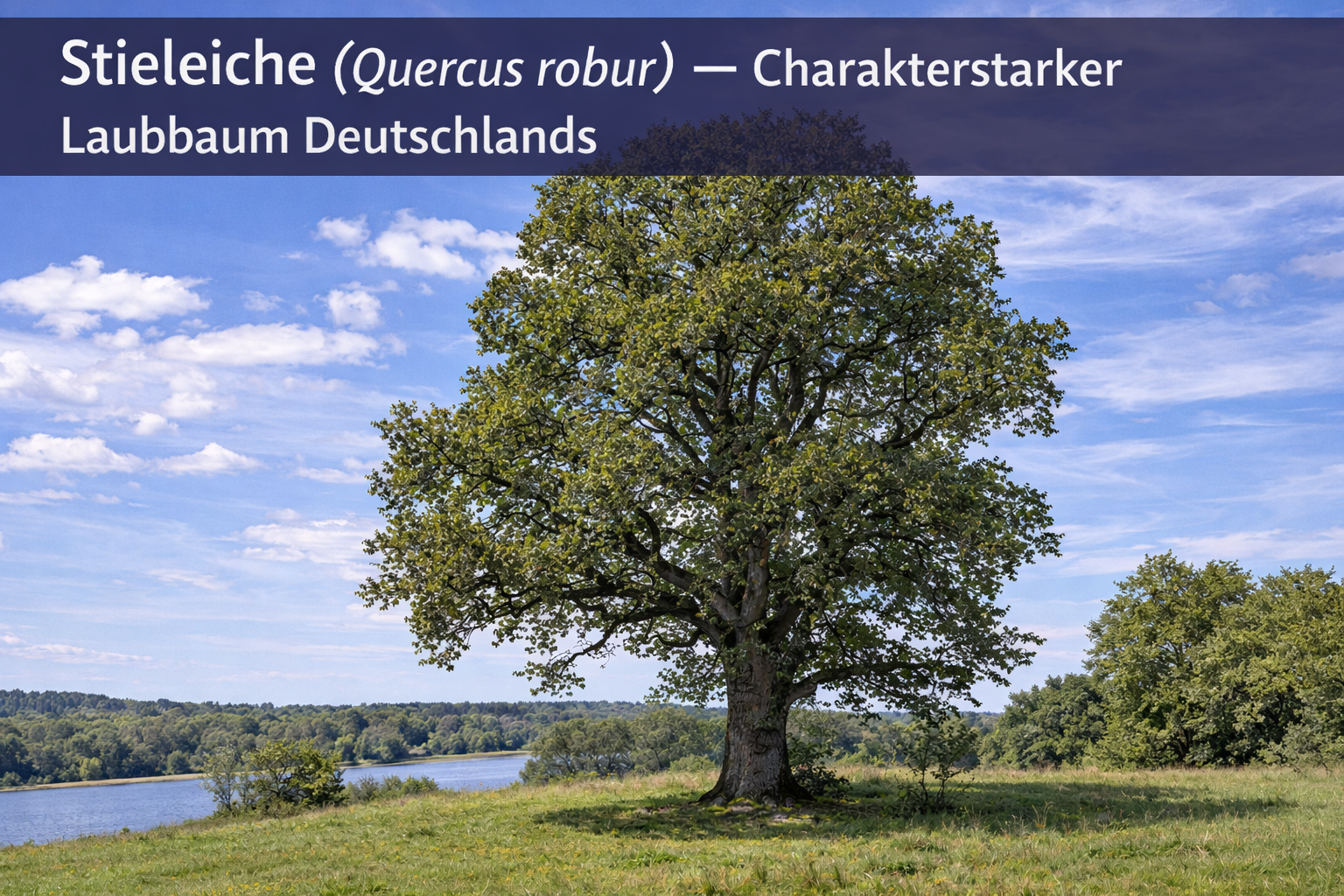 Ausgewachsene Stieleiche (Quercus robur) mit breiter, ausladender Krone in offener Landschaft