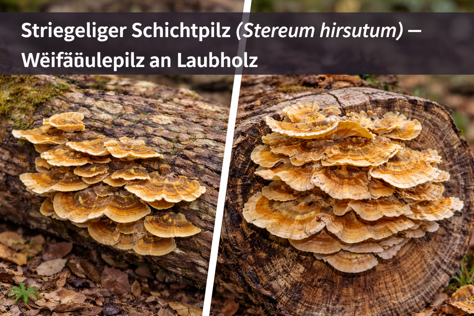 Striegeliger Schichtpilz (Stereum hirsutum) mit schichtartigen, gelb-orangefarbenen Fruchtkörpern an abgestorbenem Laubholz