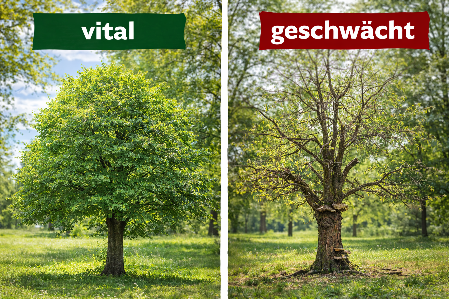 Vergleich der Vitalität von Bäumen: vitaler Baum mit dichter Krone neben geschwächtem Baum mit lichter Krone