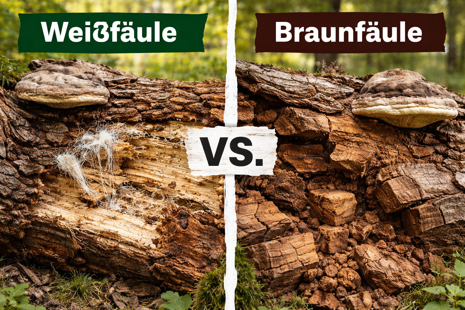 Vergleich von Weißfäule und Braunfäule: unterschiedliche Holzstrukturen durch holzzersetzende Baumpilze