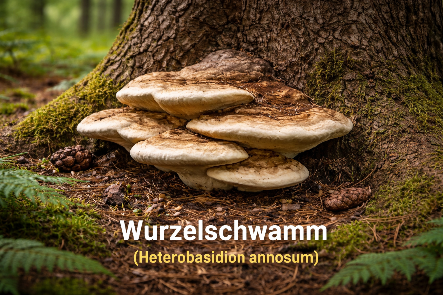 Wurzelschwamm (Heterobasidion annosum) am Stammfuß eines Nadelbaumes im Wald