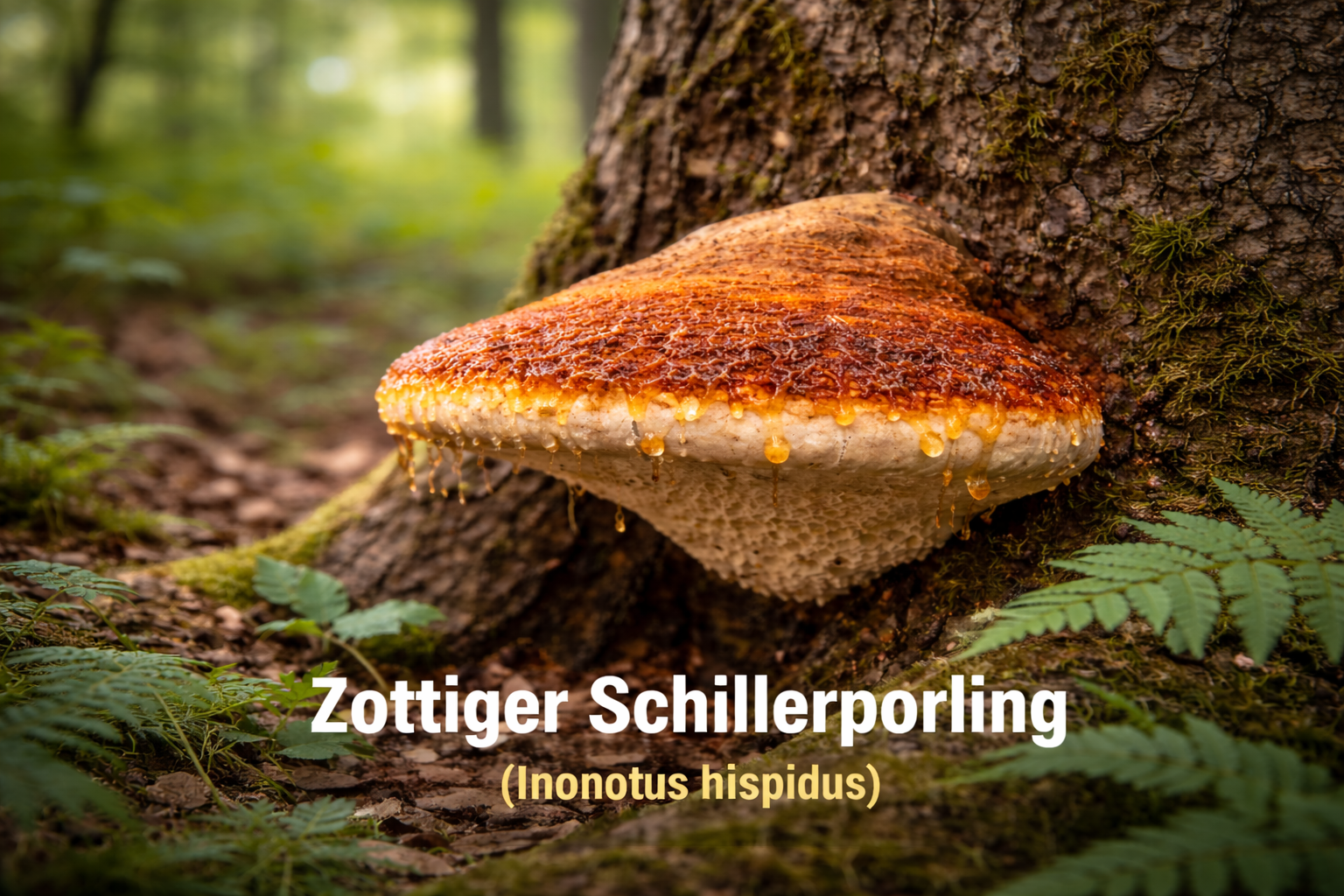 Zottiger Schillerporling (Inonotus hispidus) mit Guttation am Stamm eines Laubbaumes