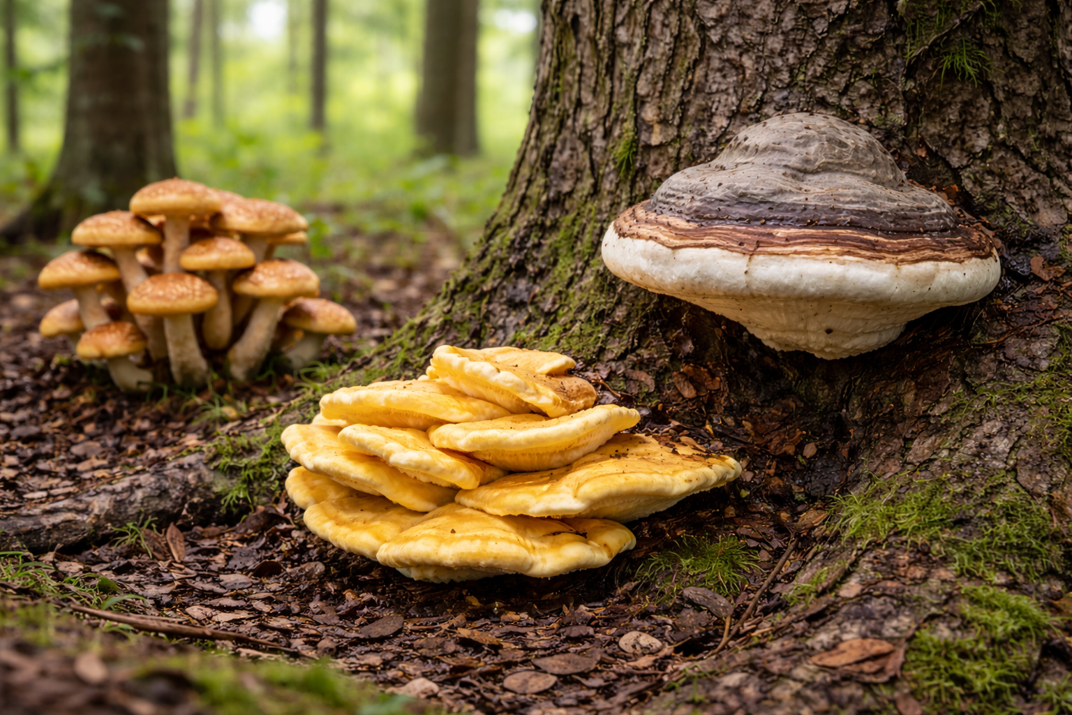 Typische Baumpilze in Deutschland: Zunderschwamm, Hallimasch und Schwefelporling am Baum