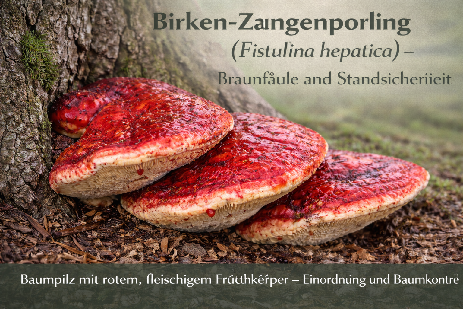 Birken-Zungenporling (Fistulina hepatica) verursacht Braunfäule am Stamm eines Laubbaums