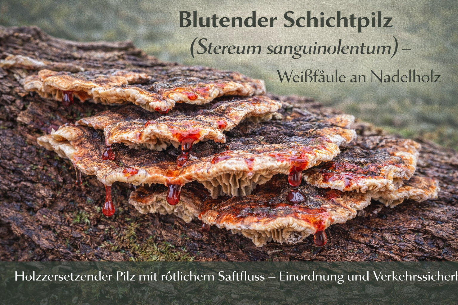 Blutender Schichtpilz (Stereum sanguinolentum) mit rötlicher Saftabsonderung an totem Nadelholz