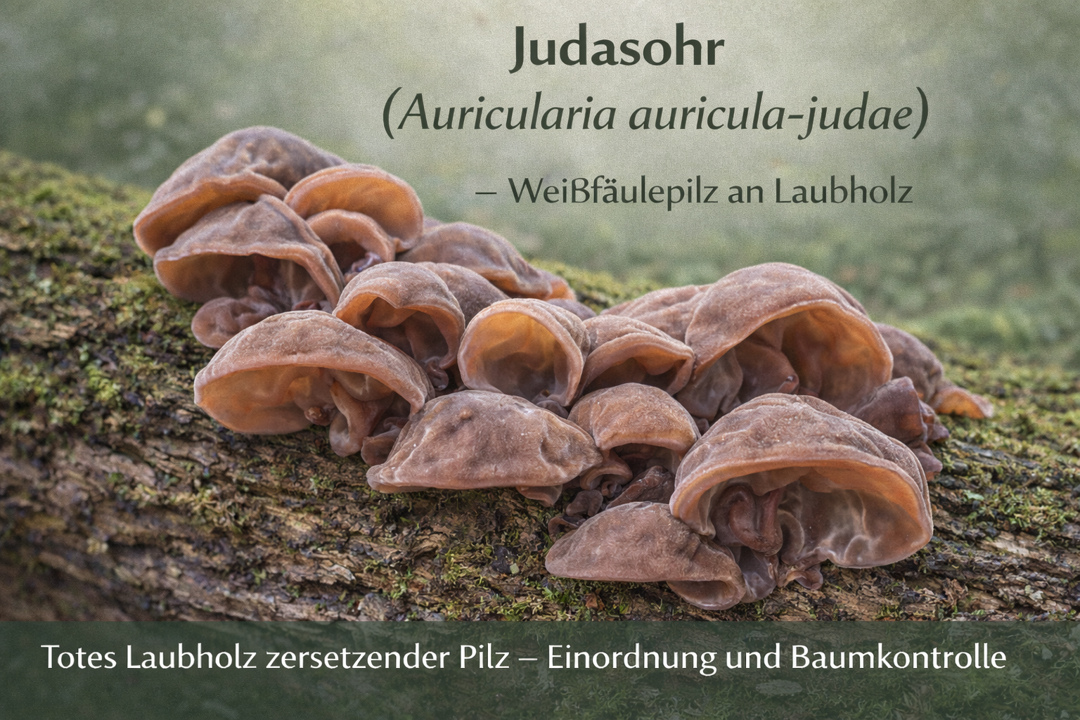 Judasohr (Auricularia auricula-judae) mit ohrförmigen Fruchtkörpern an Holunderholz