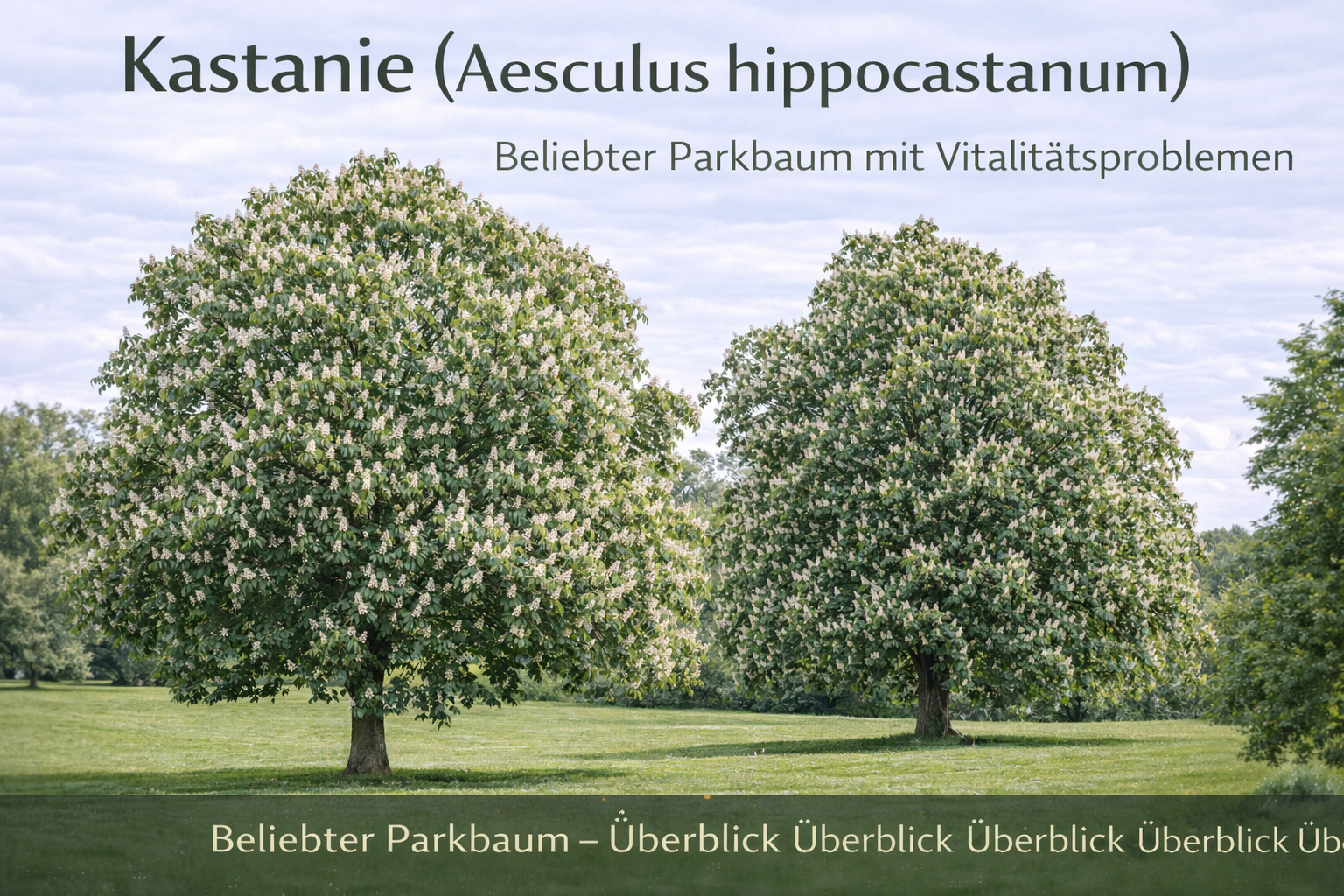 Rosskastanie (Aesculus hippocastanum) mit breiter Krone und Blütenkerzen im Park