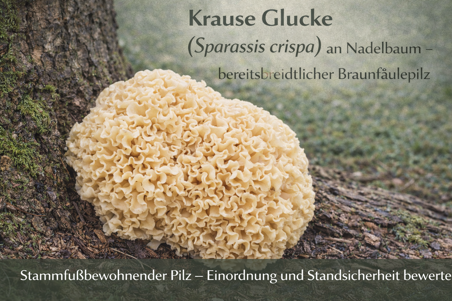 Krause Glucke (Sparassis crispa) mit kraus verzweigtem Fruchtkörper am Stammfuß einer Kiefer