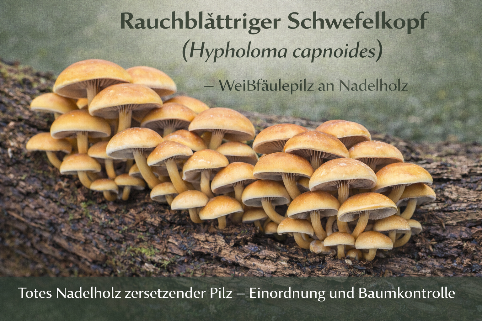 Rauchblättriger Schwefelkopf (Hypholoma capnoides) mit grauen Lamellen an Totholz