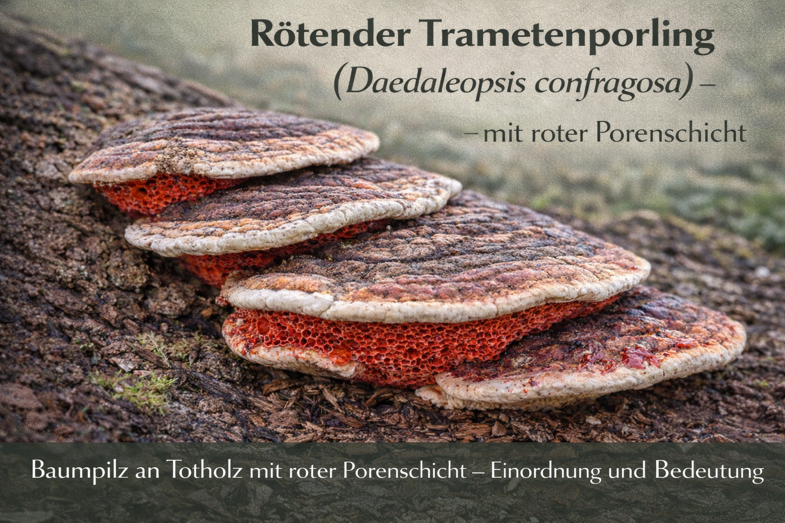 Rötender Trametenporling (Daedaleopsis confragosa) mit rötender Unterseite an Laubholz