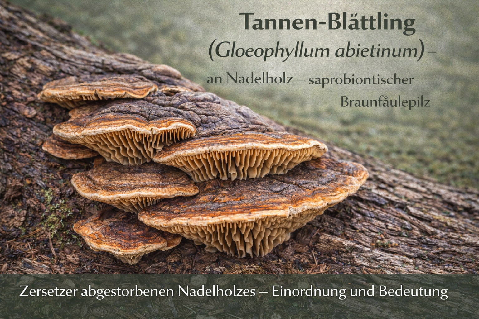 Tannen-Blättling (Gloeophyllum abietinum) mit blättchenartig gefalteter Unterseite an Totholz