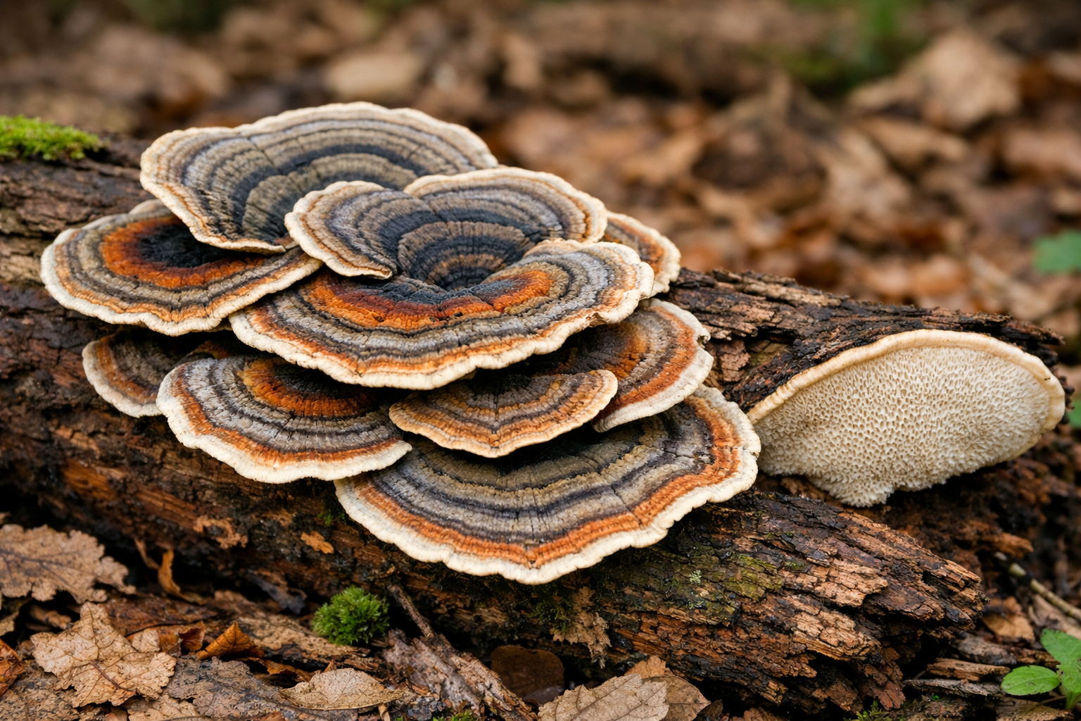 Vielgestaltige Tramete (Trametes multicolor) mit mehrfarbig zonierten Fruchtkörpern an abgestorbenem Laubholz