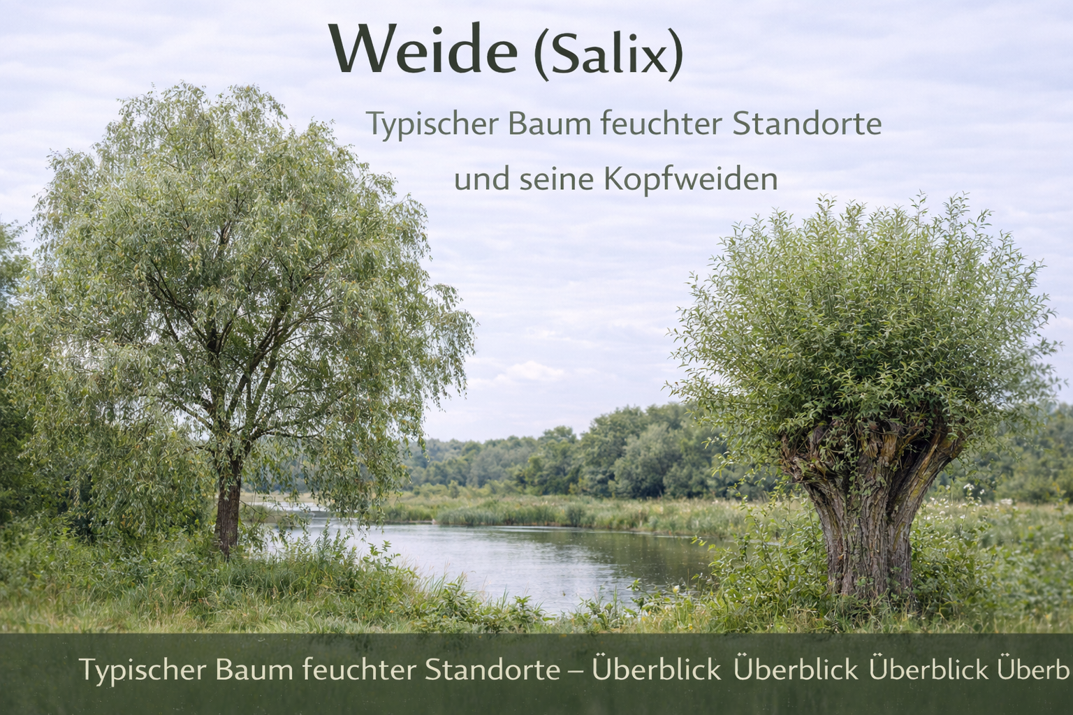 Weide (Salix) mit Hängekrone und Kopfweide an einem Gewässer