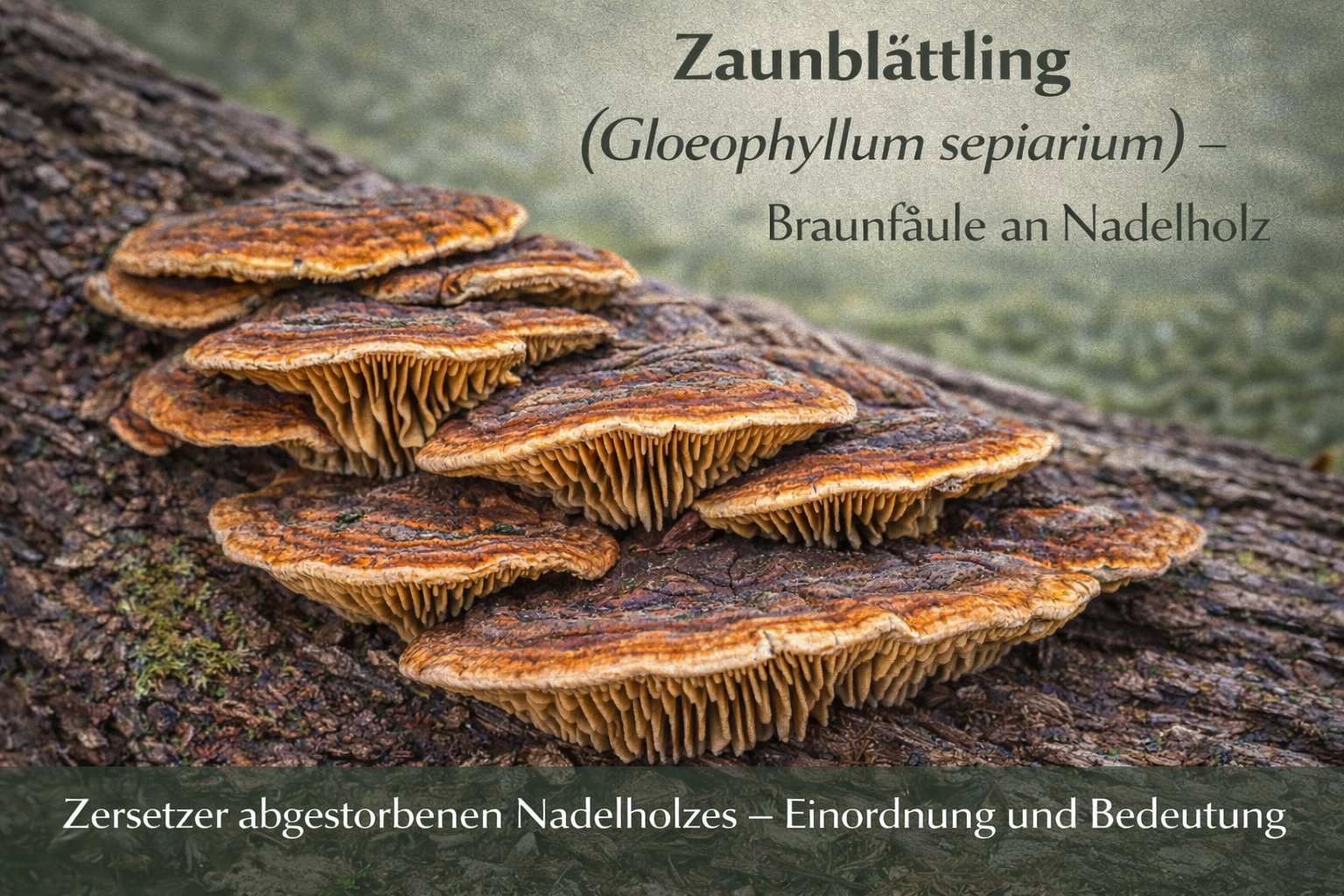 Zaunblättling (Gloeophyllum sepiarium) mit typischer Braunfäule an abgestorbenem Nadelholzstamm