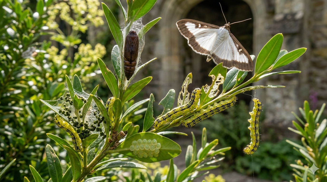 Buchsbaumzünsler erkennen – Lebenszyklus mit Raupe, Falter & Eiern