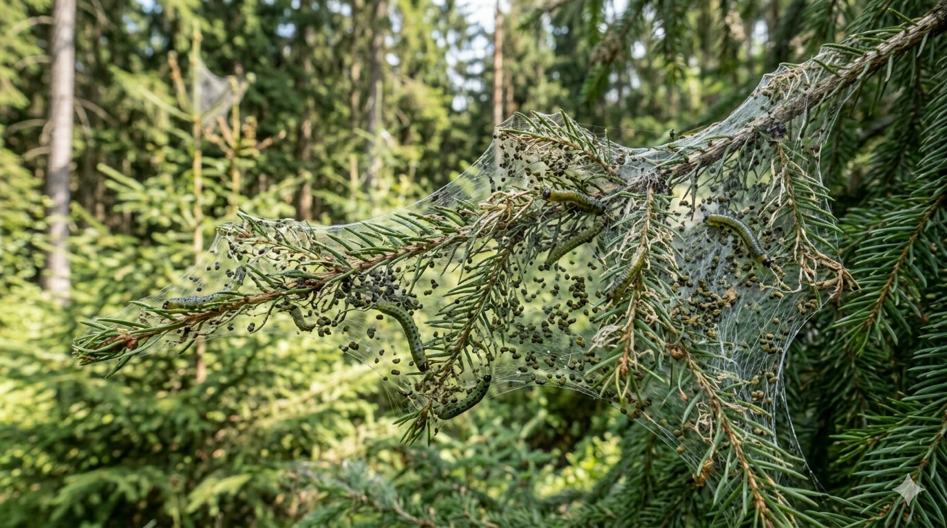 Fichtengespinstblattwespe erkennen – Nadelfraß & Gespinste in Fichtenkronen
