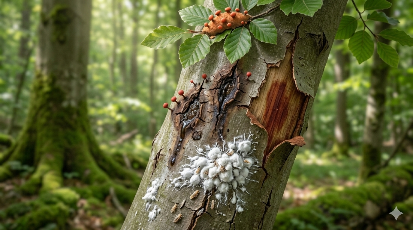 Buchenrindenkrankheit erkennen – Buchenwollschildlaus & Schleimfluss am Stamm
