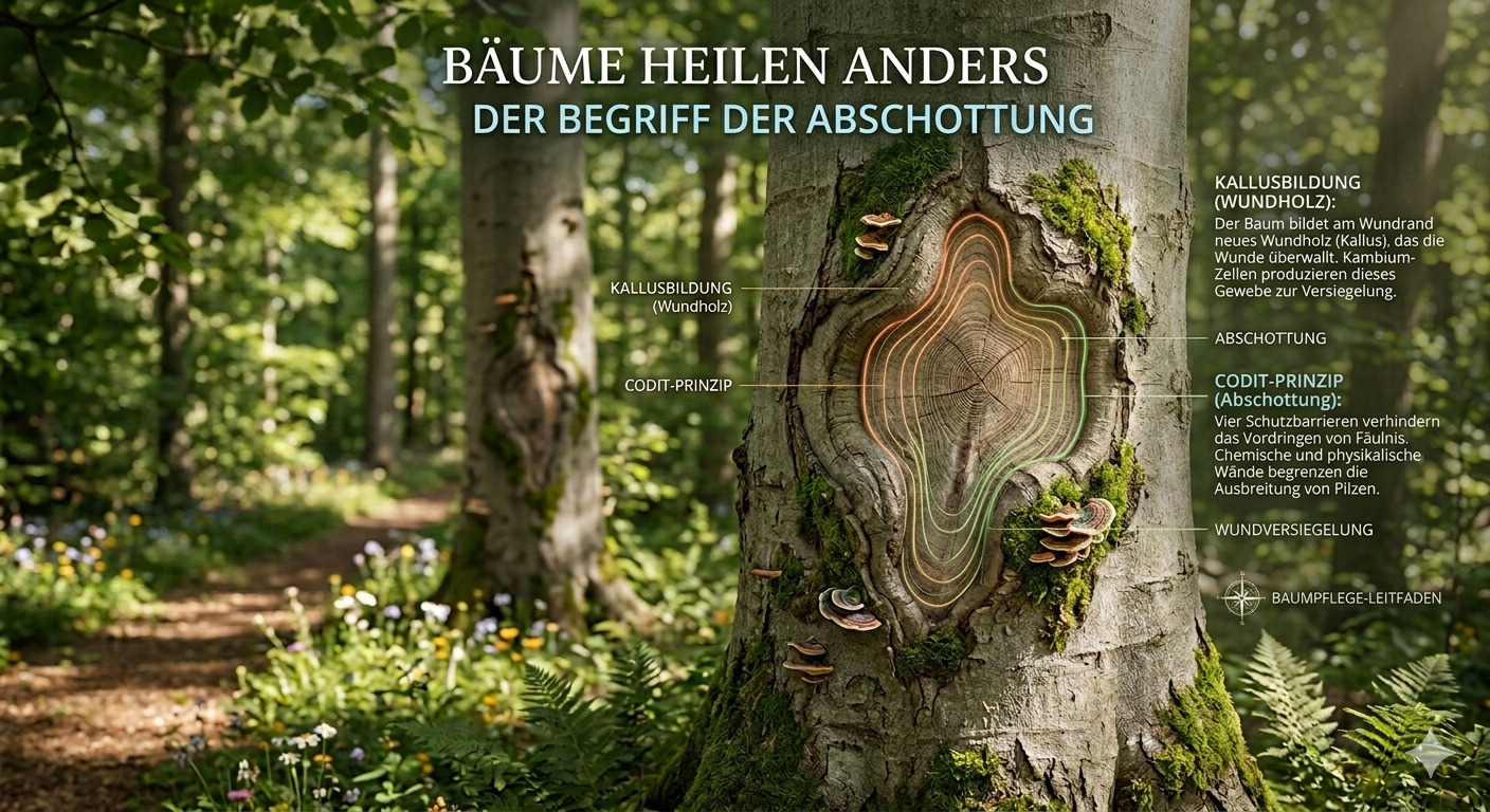 Diagramm zur Wundheilung bei Bäumen: Eine Baumwunde wird durch Kallusbildung (Wundholz) überwallt und nach dem CODIT-Prinzip abgeschottet, um Fäulnis zu verhindern.