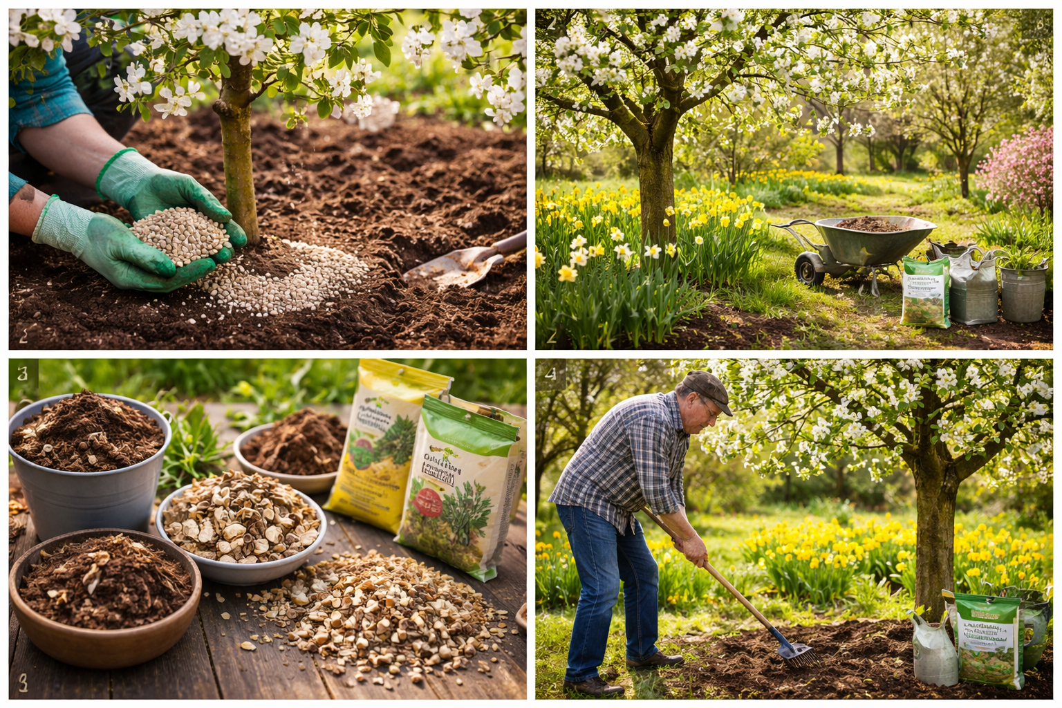 Obstbäume im Frühling düngen mit organischem Dünger und Kompost im Garten